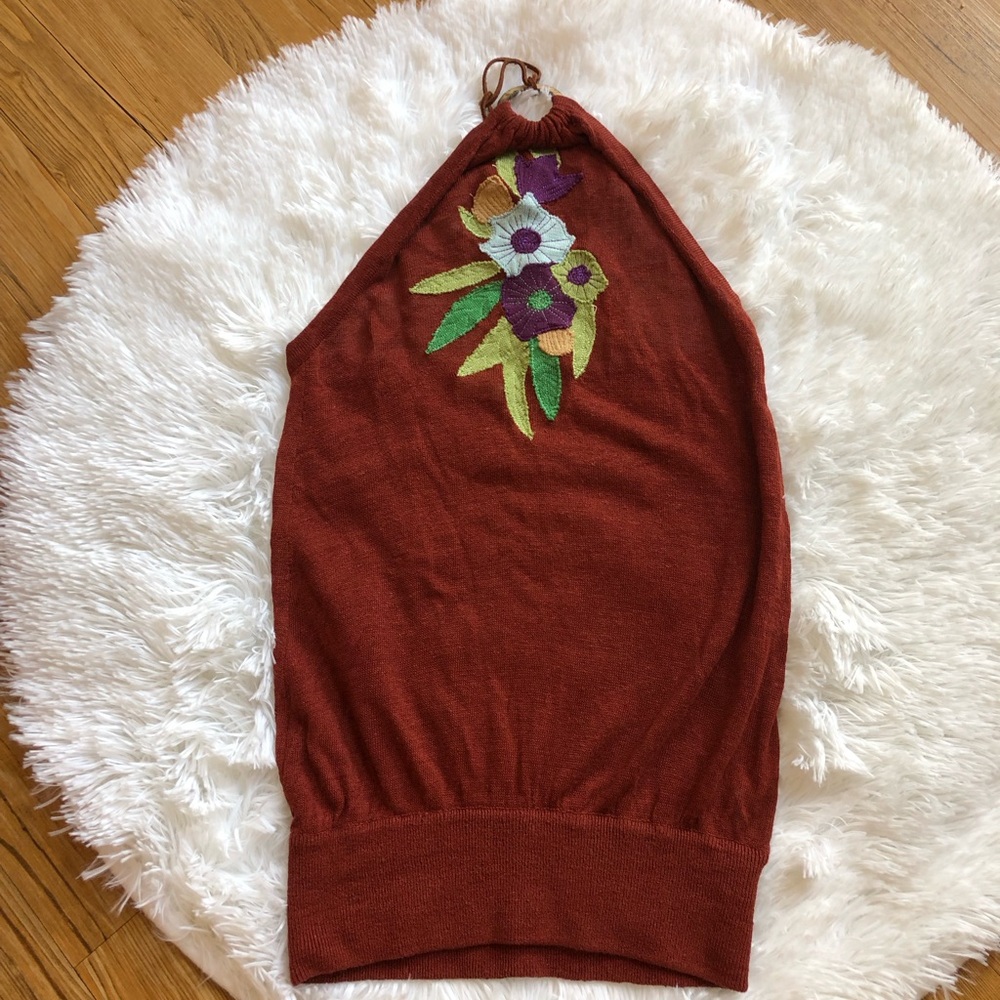 Yarns Rust Halter Top with Floral Embroidery